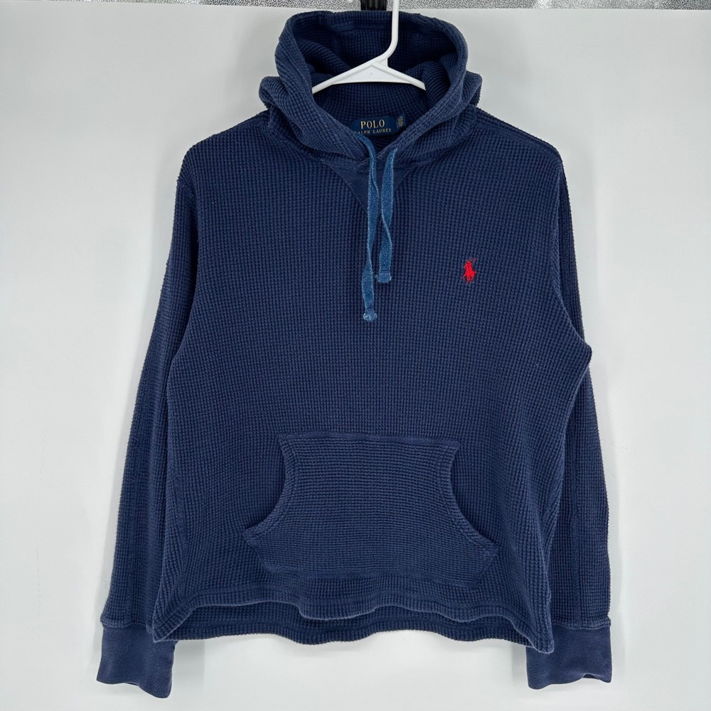 Polo Ralph Lauren Mens Navy Blue Waffle Knit Thermal Hoodie Large Red Pony Logo